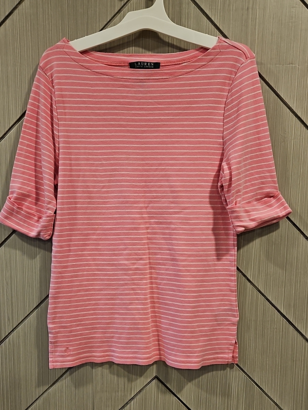Lauren Ralph Lauren Pink & White Striped Boatneck Tee with Rolled Elbow Sleeves